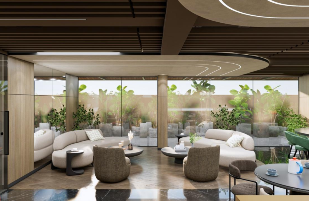 Elegant premium office lounge with comfortable meeting areas and modern interiors in Madhapur Hyderabad